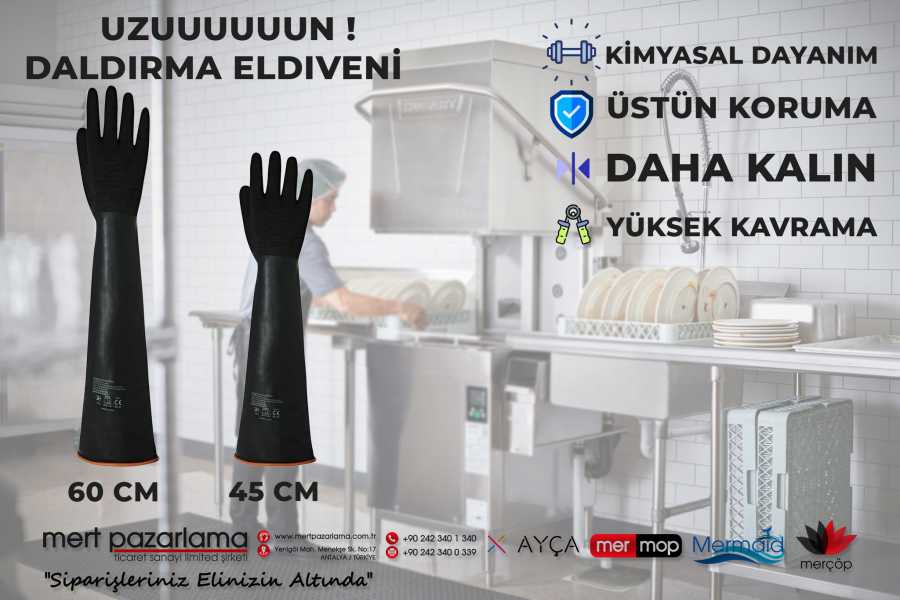 Uzun daldırma eldiveni, bulaşık daldırma kazanlarında dirseğe kadar saran tasarımı ile el ve kollarınızı kimyasallardan korur.